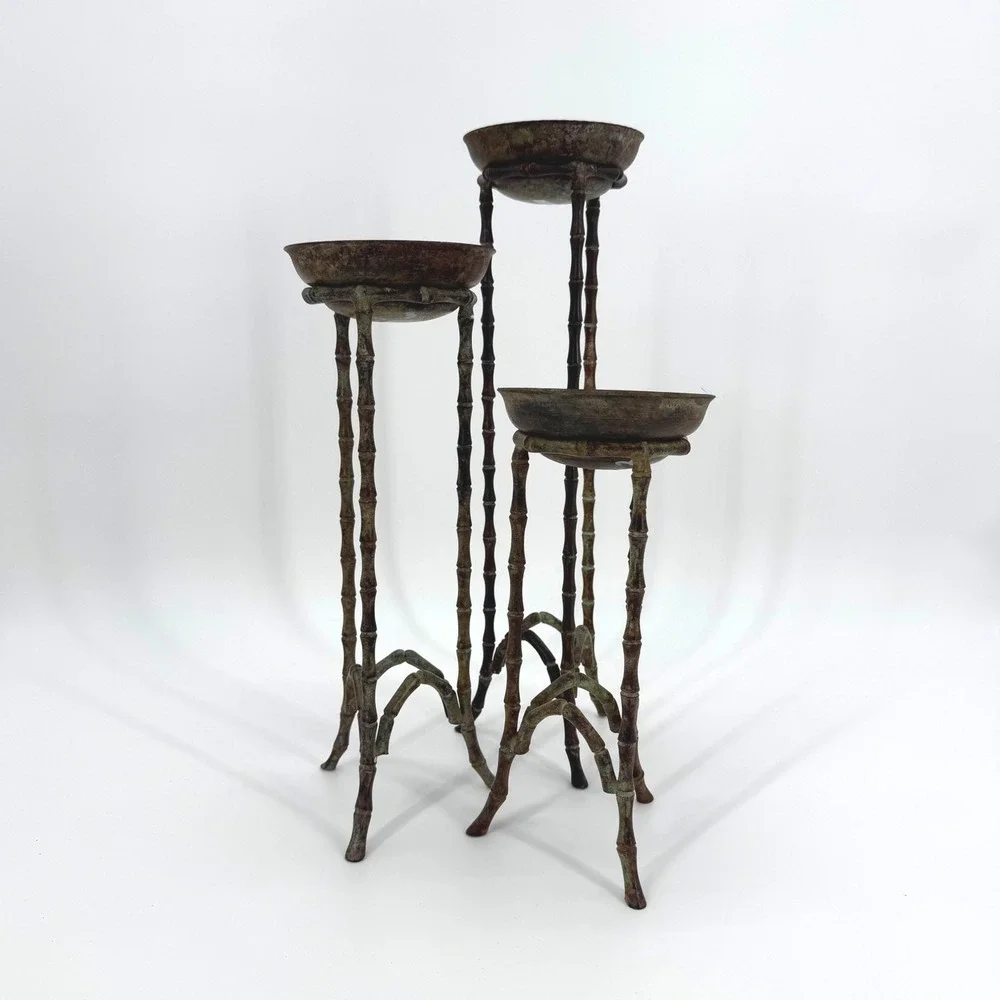 Vintage Cast Iron Bamboo Metal Pillar Candle Holder Set of 3 Verdigris Patina